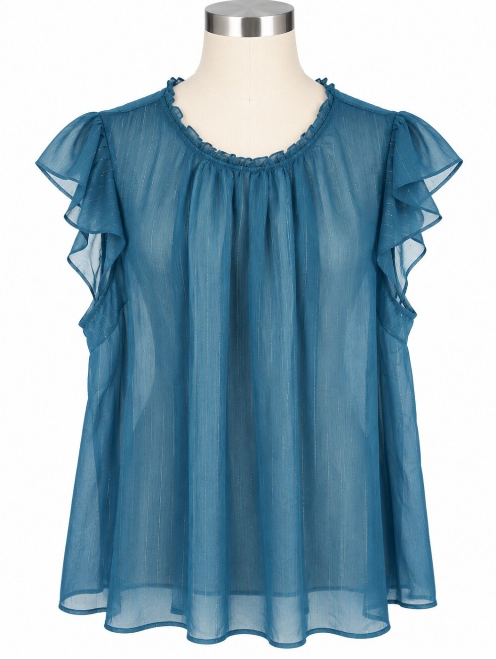 TORRID Top 1 1X NWT Teal Blue Chiffon Metallic Stripe Sheer Flutter Sleeve Top
